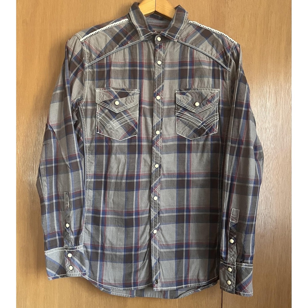 Buckle Black Shirt Mens Medium Gray Plaid Pearl Snap Long Sleeve‎ Western Casual